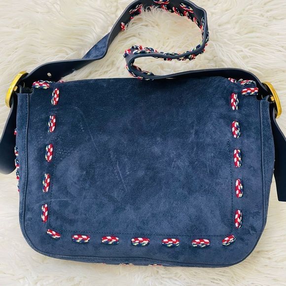 Tory Burch Sawyer Stitch Navy Suede Leather Shoulder Bag - Picture 5 of 11